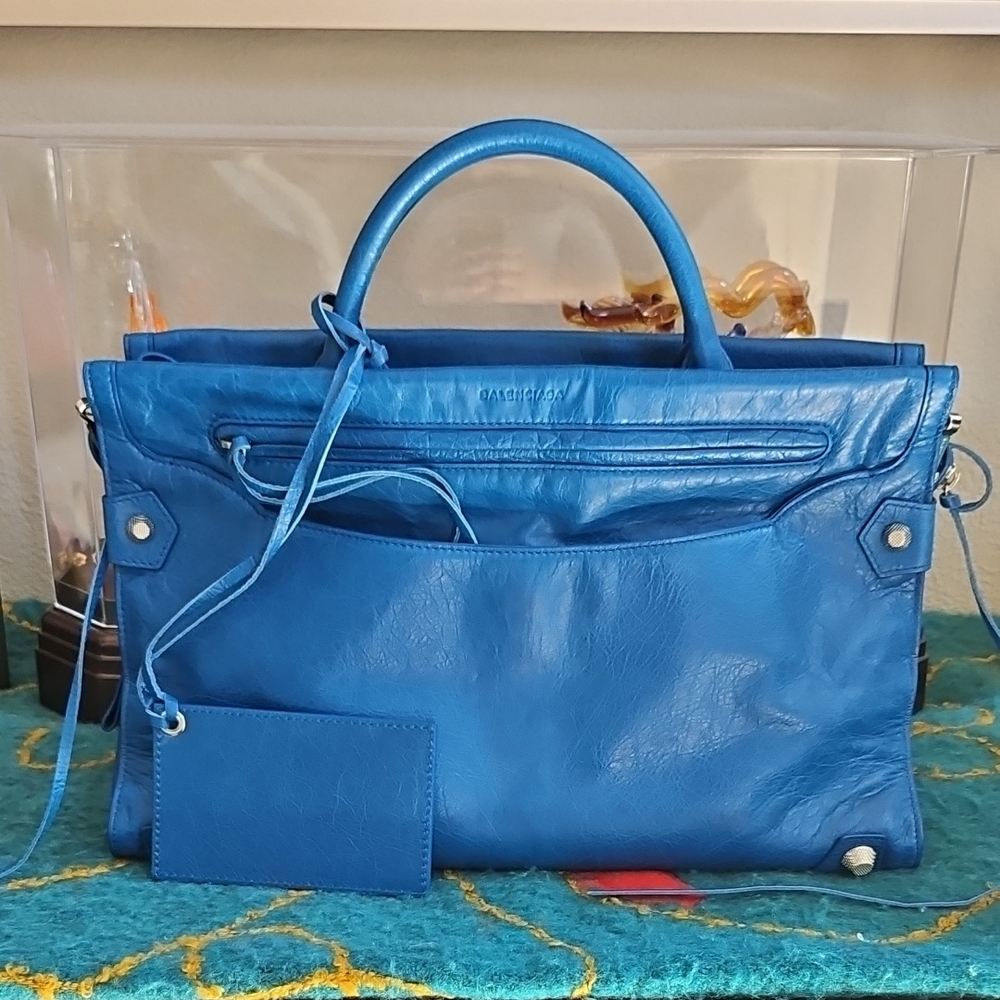 Authentic Balenciaga Mute City Blue Leather Handbag Size Medium